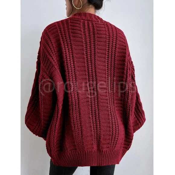 Oversized Burgundy Cable Knit Cardigan Long Sleeves Hip Length Buttoned - Picture 3 of 11